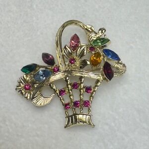 Vintage Gold Tone Rhinestone Flower Basket Brooch Multicolor Floral Pin